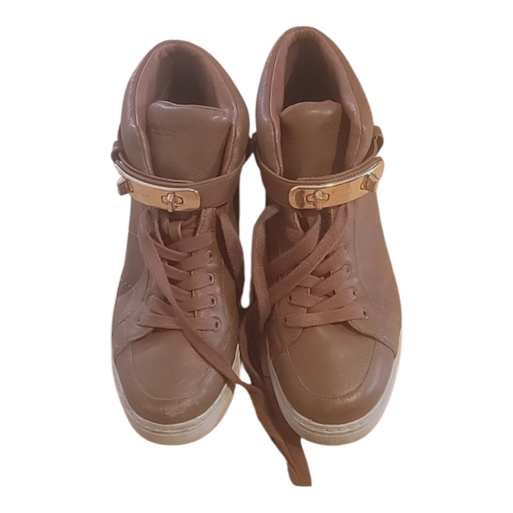 Coach Brown High-Top Sneakers with Lace-Up Design size 6B